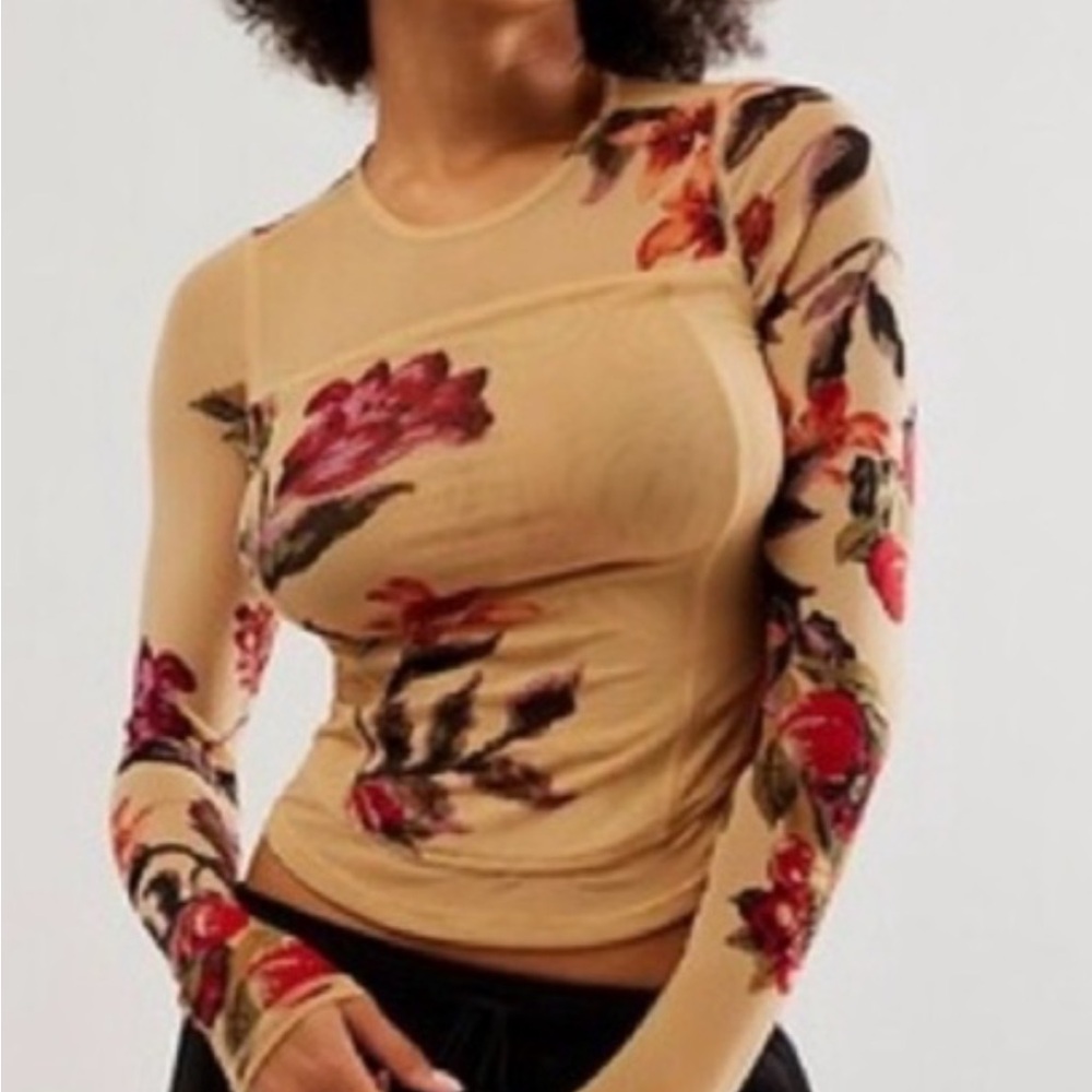 NWT Free People Mesh Long-Sleeve Top in Beige, S